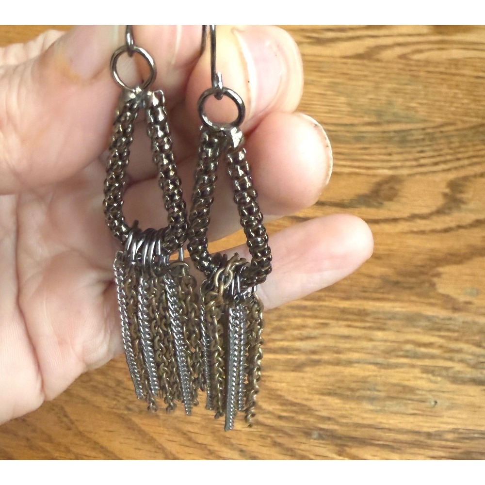 Mixed Metal Chain Tassel Drop Earrings Silver Bronze Gunmetal Industrial Boho